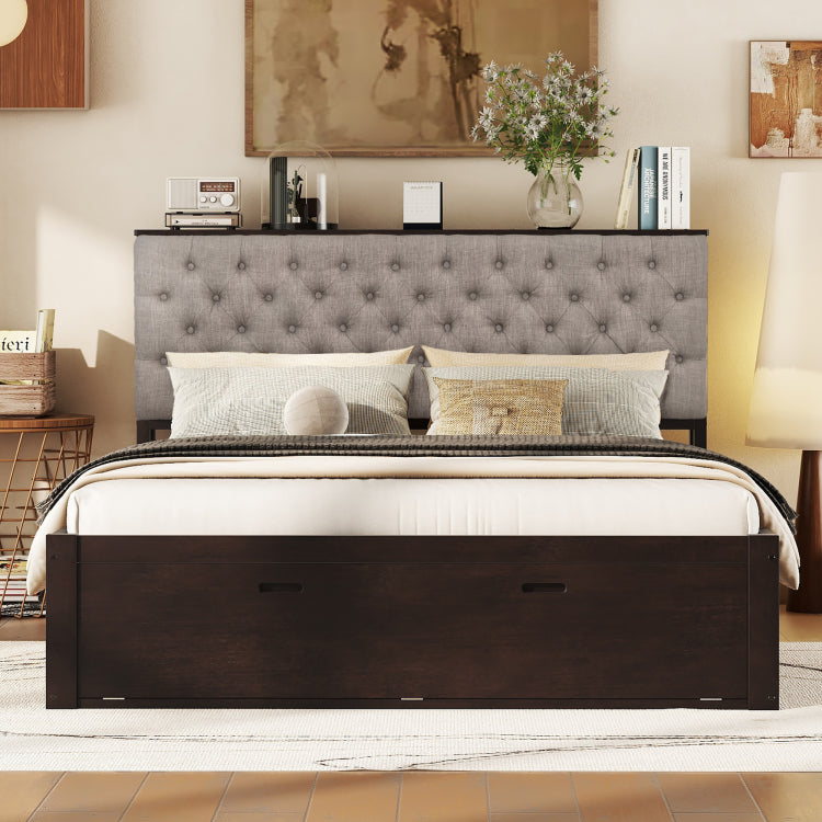 Wood Queen Size Platform Bed With Storage Headboard, Shoe Rack And 4 Drawers,Espresso