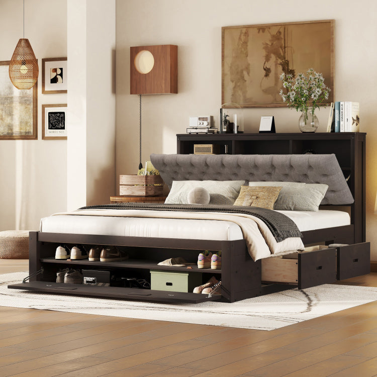 Wood Queen Size Platform Bed With Storage Headboard, Shoe Rack And 4 Drawers,Espresso