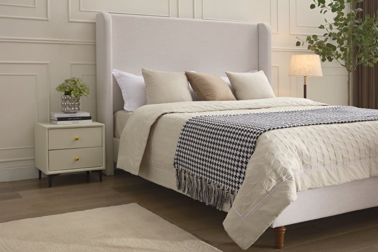 Hayden Upholstered Wingback Bed Size Queen Tall 54" Headboard Upholstered Queen Bed Without Wooden Slats Box Spring Request Queen Textured Ivory Canvas Elegant Simplicity Easy Assembly
