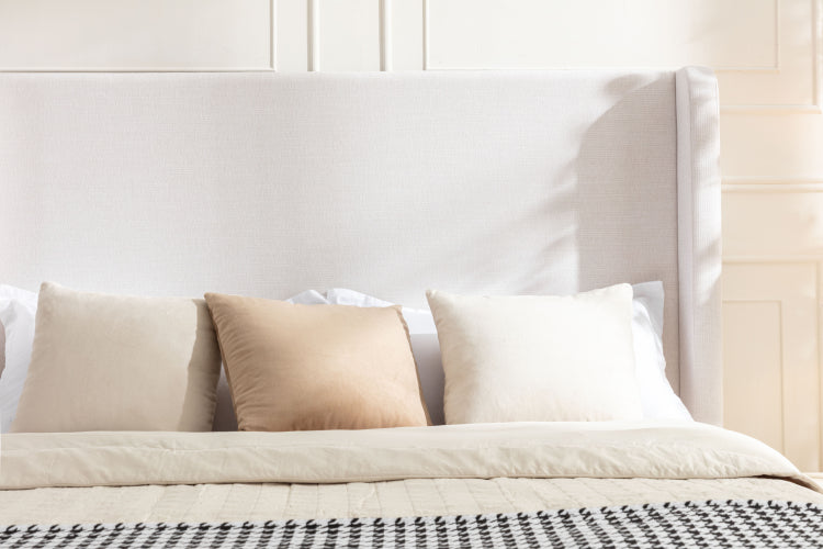 Hayden Upholstered Wingback Bed Size Queen Tall 54" Headboard Upholstered Queen Bed Without Wooden Slats Box Spring Request Queen Textured Ivory Canvas Elegant Simplicity Easy Assembly