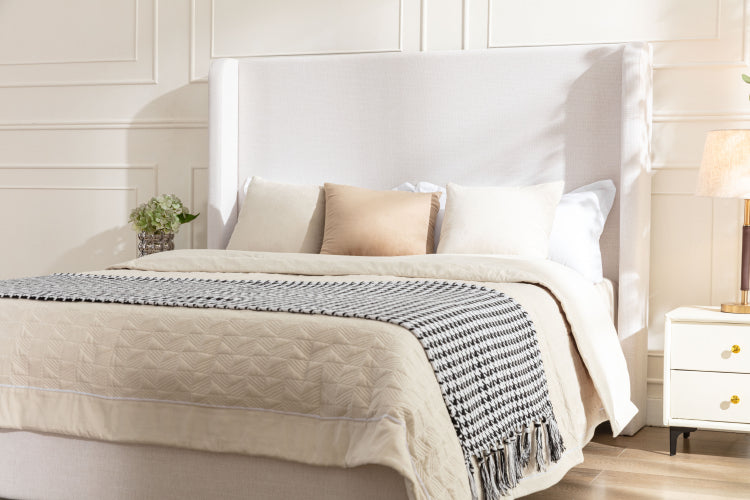 Hayden Upholstered Wingback Bed Size Queen Tall 54" Headboard Upholstered Queen Bed Without Wooden Slats Box Spring Request Queen Textured Ivory Canvas Elegant Simplicity Easy Assembly