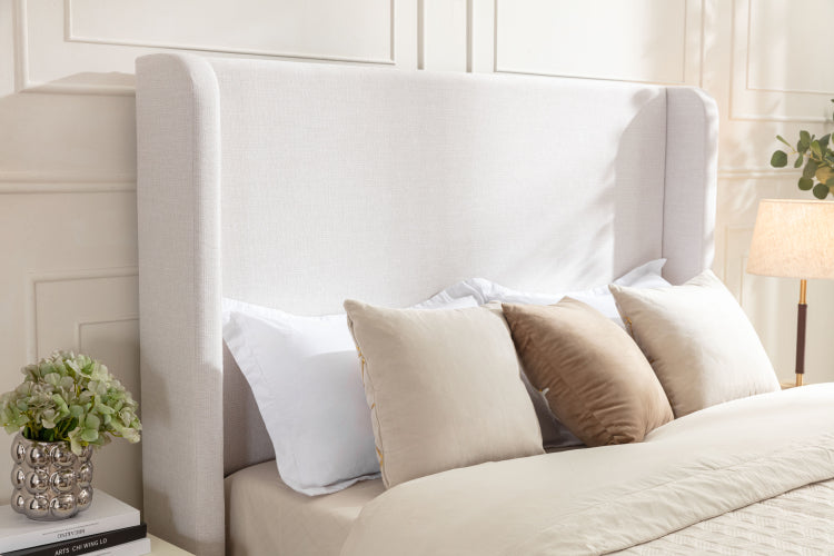 Hayden Upholstered Wingback Bed Size Queen Tall 54" Headboard Upholstered Queen Bed Without Wooden Slats Box Spring Request Queen Textured Ivory Canvas Elegant Simplicity Easy Assembly
