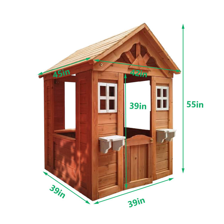Wooden Kids Playhouse With 2 Windows And Flowerpot Holder,42"Lx46"Wx55"H,Golden Red