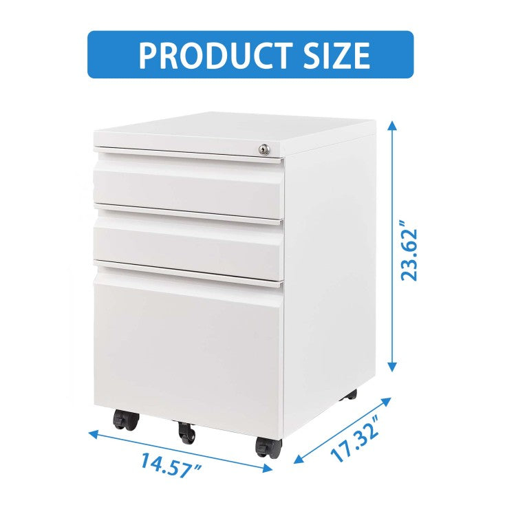 3 Drawer Mobile File Cabinet With Lock,Metal Filing Cabinets For Home Office Organizer Letters Legal A4,Fully Assembled Except Wheels,White