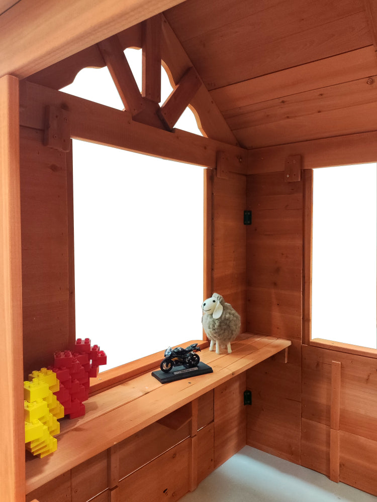 Wooden Kids Playhouse With 2 Windows And Flowerpot Holder,42"Lx46"Wx55"H,Golden Red