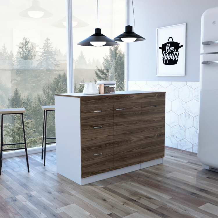 Grecia Kitchen Base Cabinet,Three Drawers, Two Internal Shelves White Dark Walnut