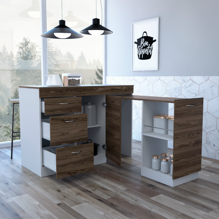 Grecia Kitchen Base Cabinet,Three Drawers, Two Internal Shelves White Dark Walnut
