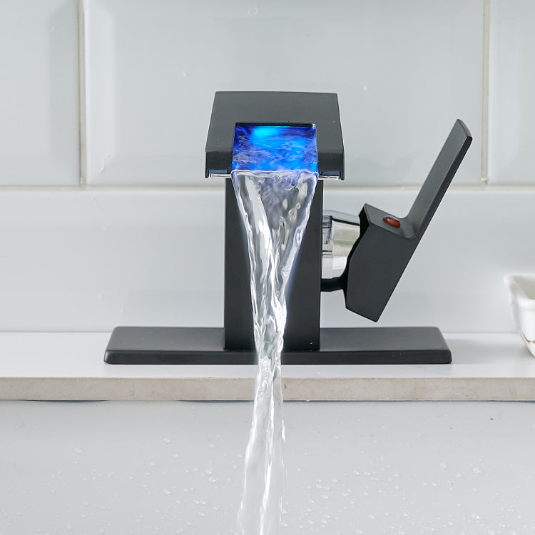Bathroom Sink Faucet Led Light 3 Colors Changing Waterfall Glass Spout Hot Cold Water Mixer Single Handle One Hole Deck Mounted Bathroom Faucet Black Lavatory Vanity Basin Bath Plumbing Fixtures