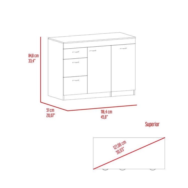 Grecia Kitchen Base Cabinet,Three Drawers, Two Internal Shelves White Dark Walnut