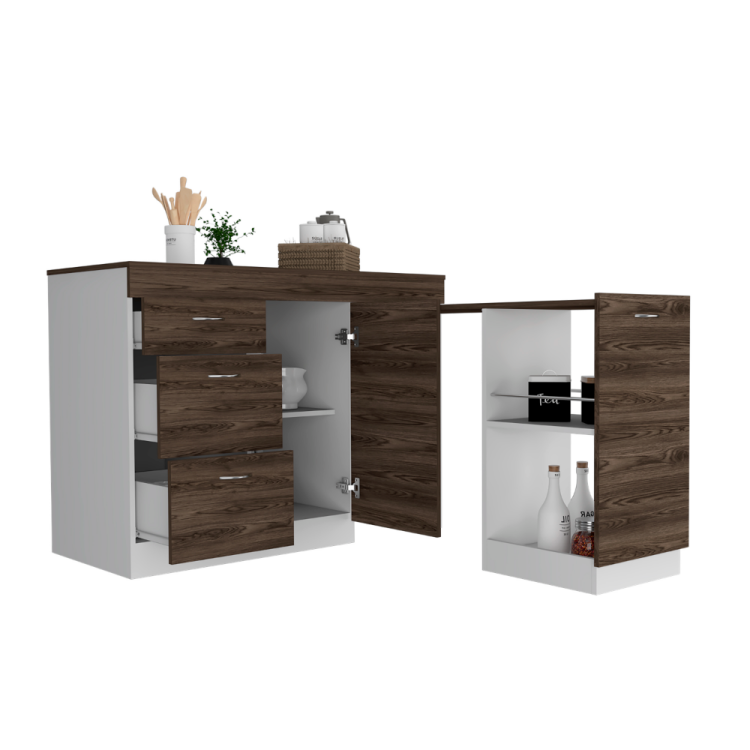 Grecia Kitchen Base Cabinet,Three Drawers, Two Internal Shelves White Dark Walnut