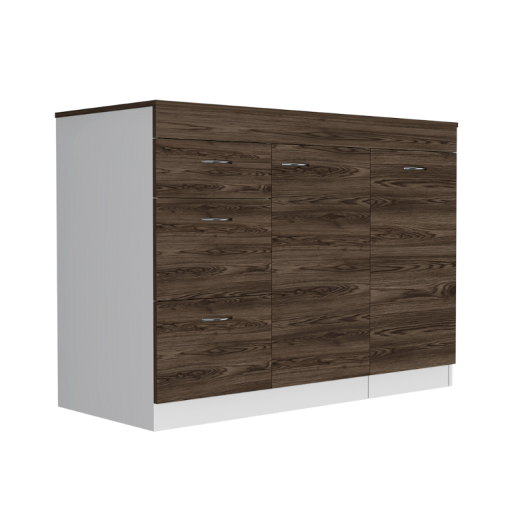 Grecia Kitchen Base Cabinet,Three Drawers, Two Internal Shelves White Dark Walnut