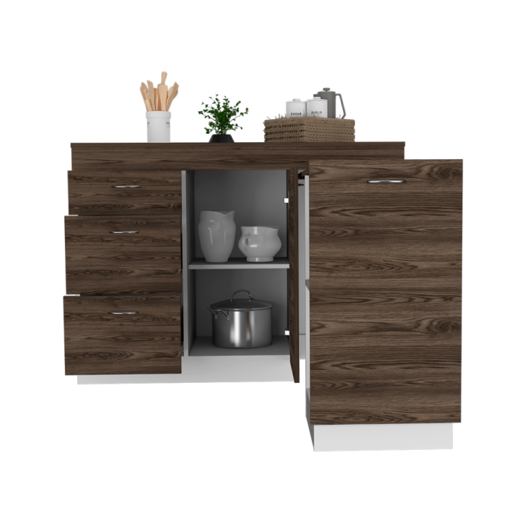 Grecia Kitchen Base Cabinet,Three Drawers, Two Internal Shelves White Dark Walnut