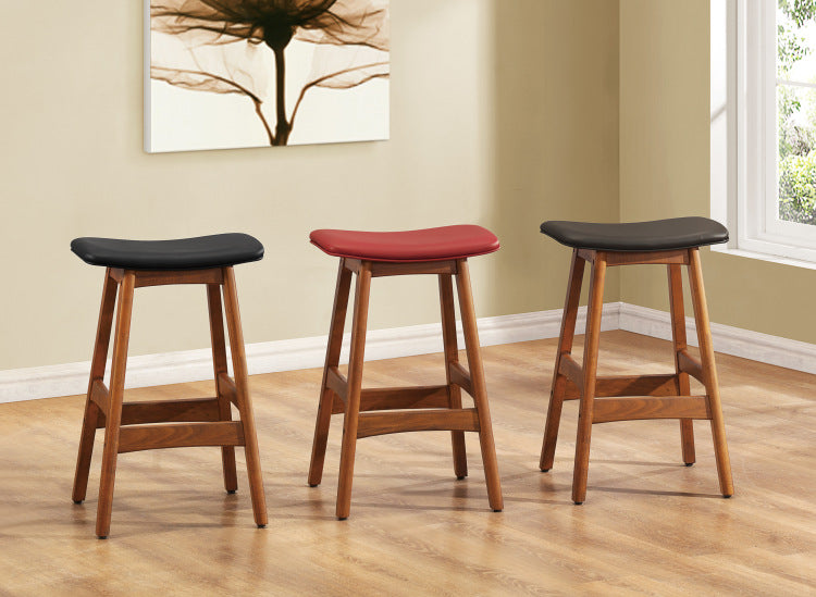 Solid Wood Walnut Finish Counter Height Stools Set Of 2 Matt Black Faux Leather Seat Mid Century Modern Barstools Kitchen Dining Furniture