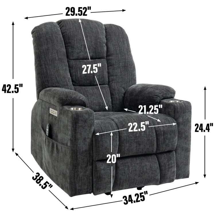 Emon'S Large Power Lift Recliner Chair With Massage And Heat For Elderly, Overstuffed Wide Recliners, Heavy Duty Motion Mechanism With Usb And Type C Ports, 2 Steel Cup Holders, Gray