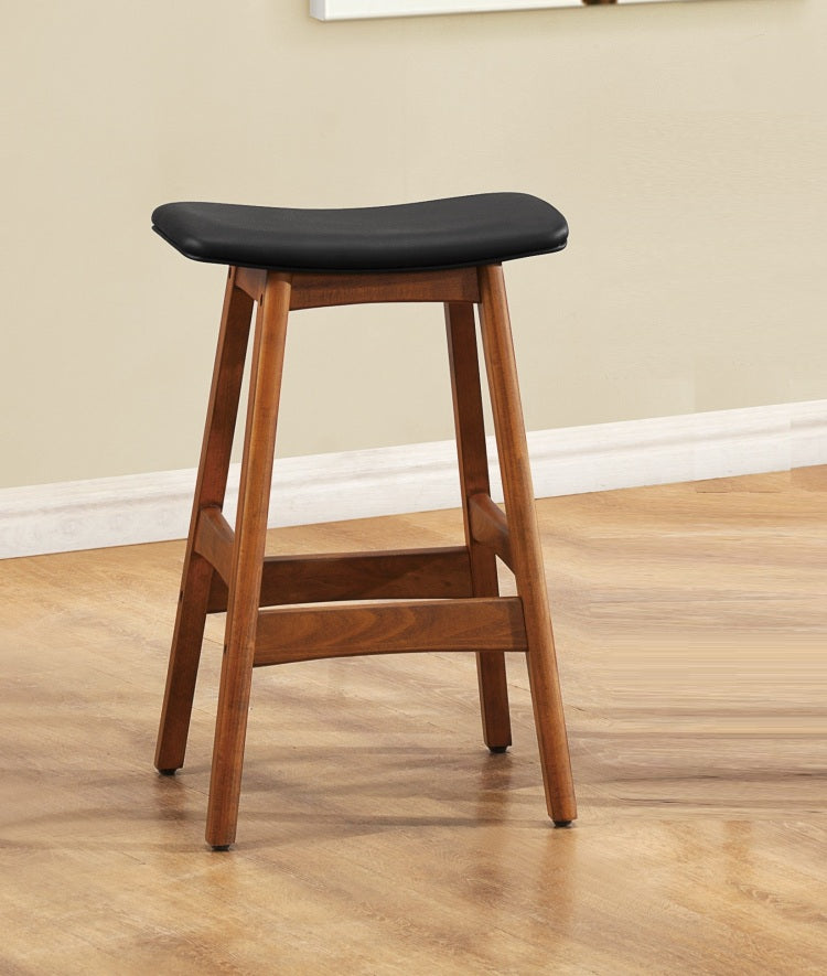 Solid Wood Walnut Finish Counter Height Stools Set Of 2 Matt Black Faux Leather Seat Mid Century Modern Barstools Kitchen Dining Furniture