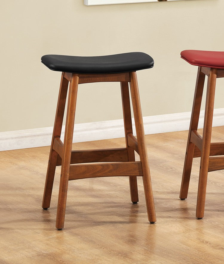 Solid Wood Walnut Finish Counter Height Stools Set Of 2 Matt Black Faux Leather Seat Mid Century Modern Barstools Kitchen Dining Furniture