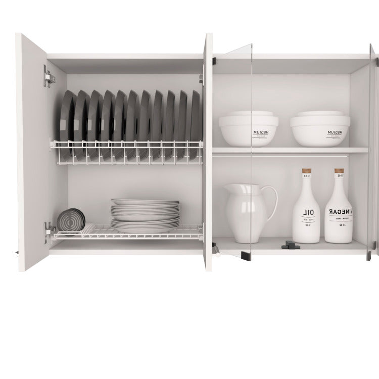 Wall Cabinet 24" H, Four Doors, With Two Internal Shelves And Internal Plate And Glass Organizer, Two Storage Shelves With Two Glass Doors, White