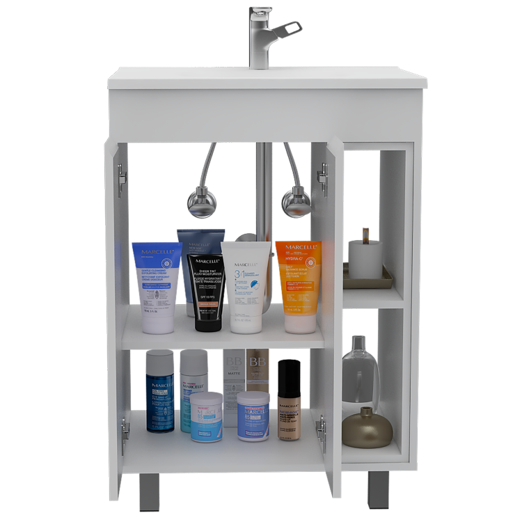24" Meka Vanity, Two External Shelves, Double Door Cabinet White