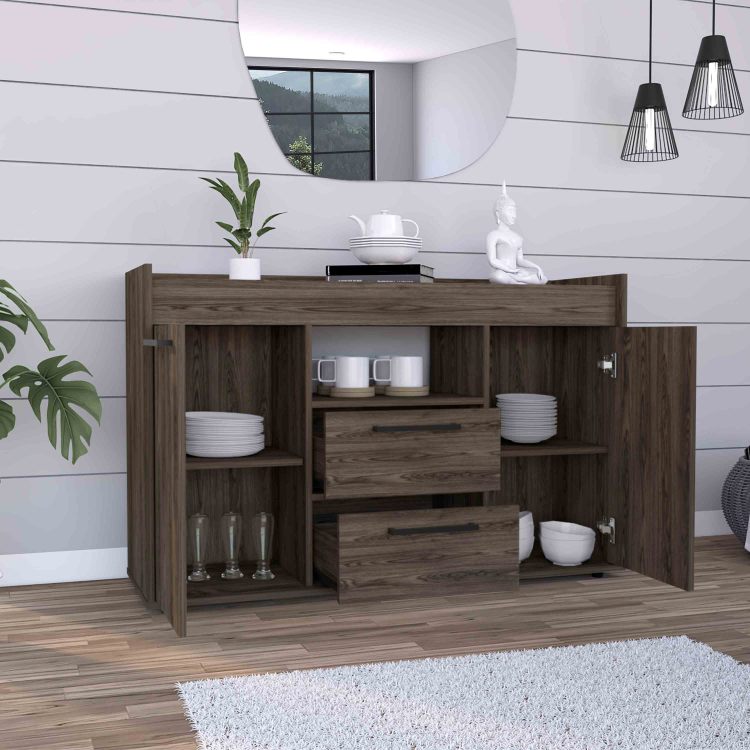 Lyon Sideboard, Two Drawers, Double Door Cabinets Dark Walnut