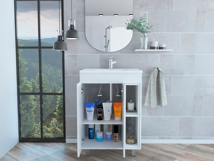 24" Meka Vanity, Two External Shelves, Double Door Cabinet White