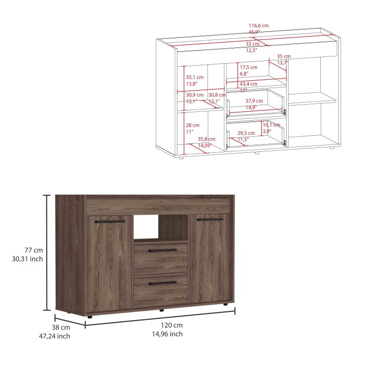 Lyon Sideboard, Two Drawers, Double Door Cabinets Dark Walnut