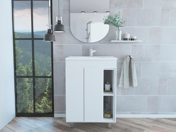 24" Meka Vanity, Two External Shelves, Double Door Cabinet White