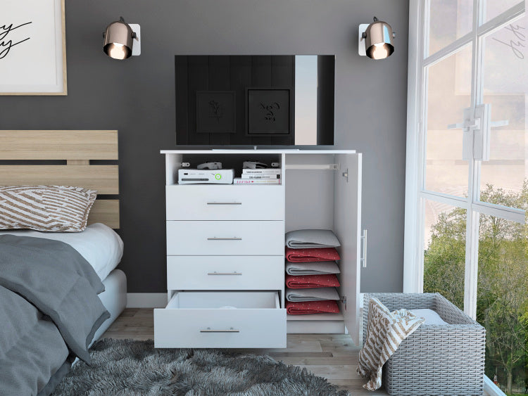 Peru 4 Drawer Dresser, Single Door Cabinet, One Open Shelf, Superior Top White