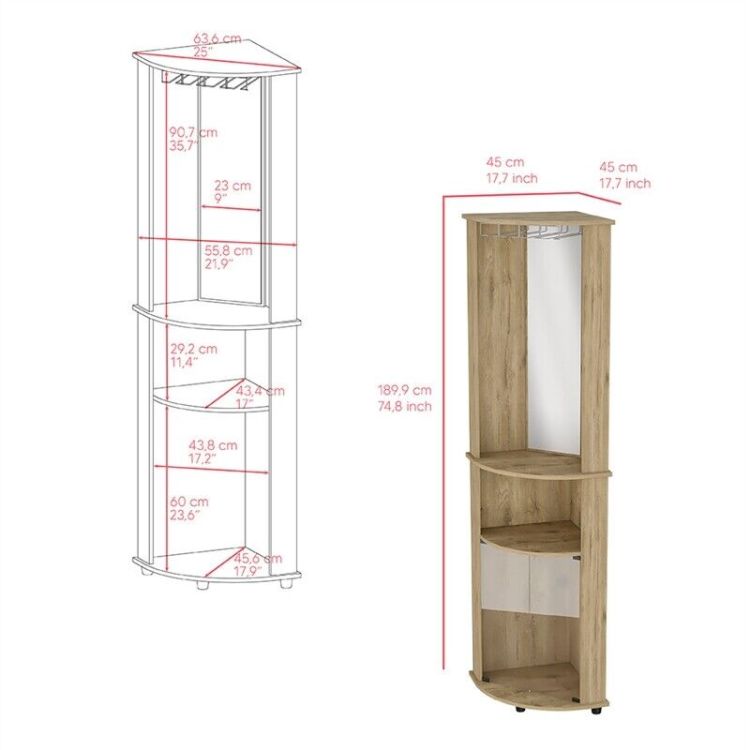 Bar Coffee Corner Cabinet Storage 74" H, With Rounded Front Design, 2 Central Shelves, 1 Glass Holder In The Upper Compartment, 1 Storage With Double Glass Door In The Lower Part, Macadamia