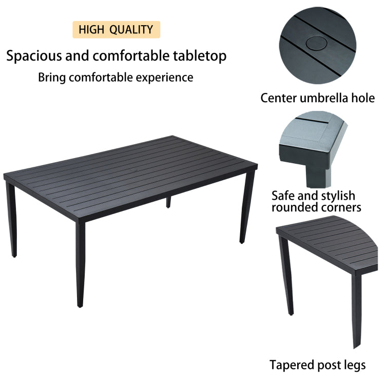 7 Piece Outdoor Patio Aluminum Furniture, Modern Dining Set, Including 4 Dining Chairs & 2 Swivel Rockers Sunbrella Fabric Cushioned And Rectangle Dining Table With Umbrella Hole, Ember Black
