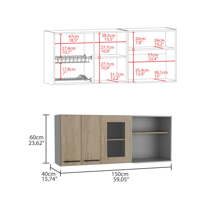 Hasselt Wall Cabinet, Double Door, Glass Cabinet, Rack Light Pine
