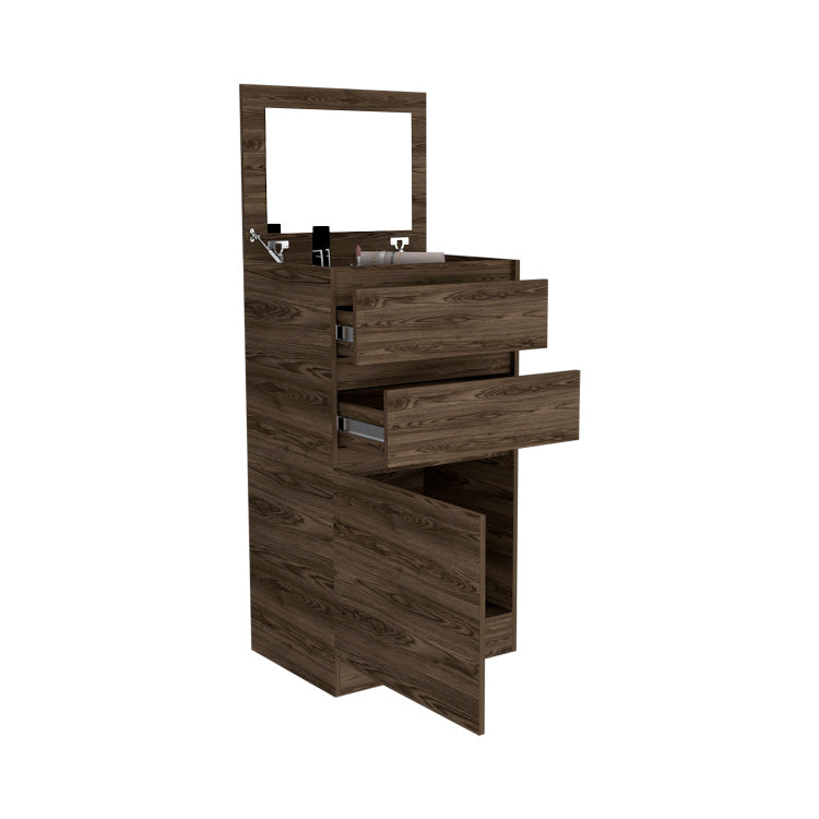 Dresser 43"H, Jewelry Box, Mirror, Single Door Cabinet, Two Drawers, Dark Walnut
