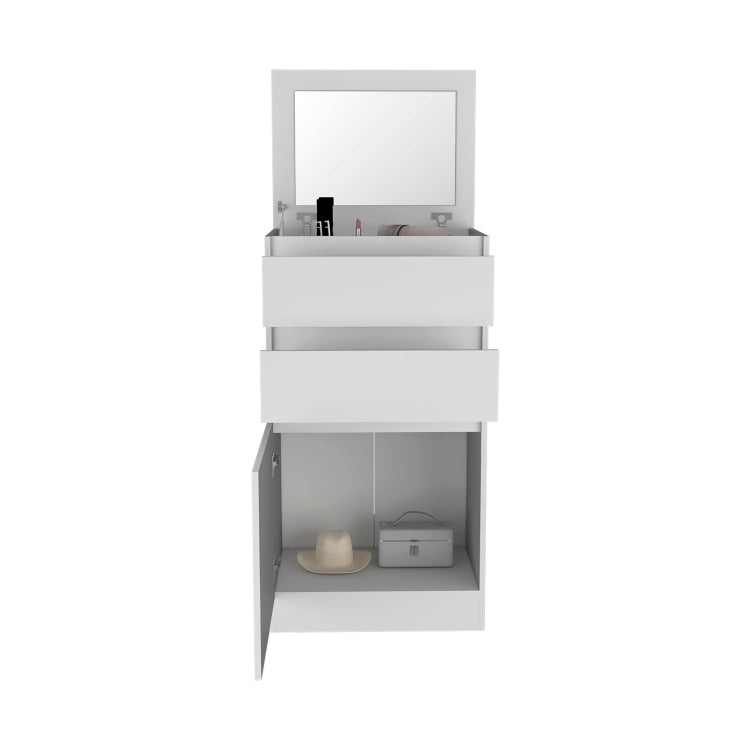 Dresser 43"H, Jewelry Box, Mirror, Single Door Cabinet, Two Drawers, White