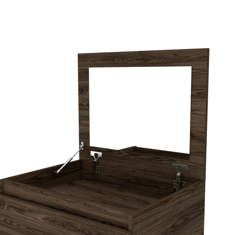 Dresser 43"H, Jewelry Box, Mirror, Single Door Cabinet, Two Drawers, Dark Walnut