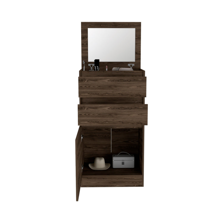 Dresser 43"H, Jewelry Box, Mirror, Single Door Cabinet, Two Drawers, Dark Walnut