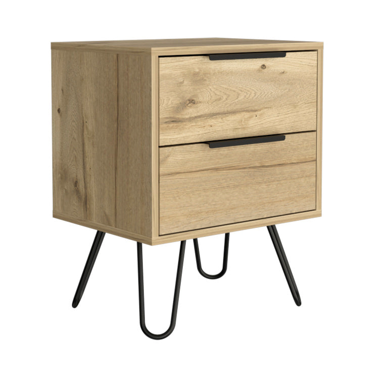 Nightstand 22" H, Four Hairpin Legs, Two Drawers, Light Oak