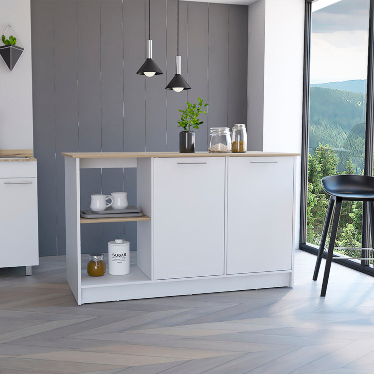 Juniper Kitchen Island, Four Open Shelves, Two Cabinets Light Oak White