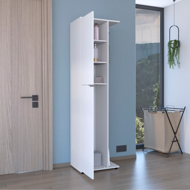 71.3" H Broom Storage Closet With One Door, Four Shelves And Broom And Mop Holder,White