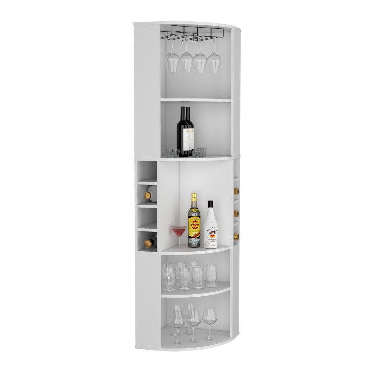 71" Corner Bar Cabinet With Five Shelves, Eight Bottle Cubbies And Stemware,White
