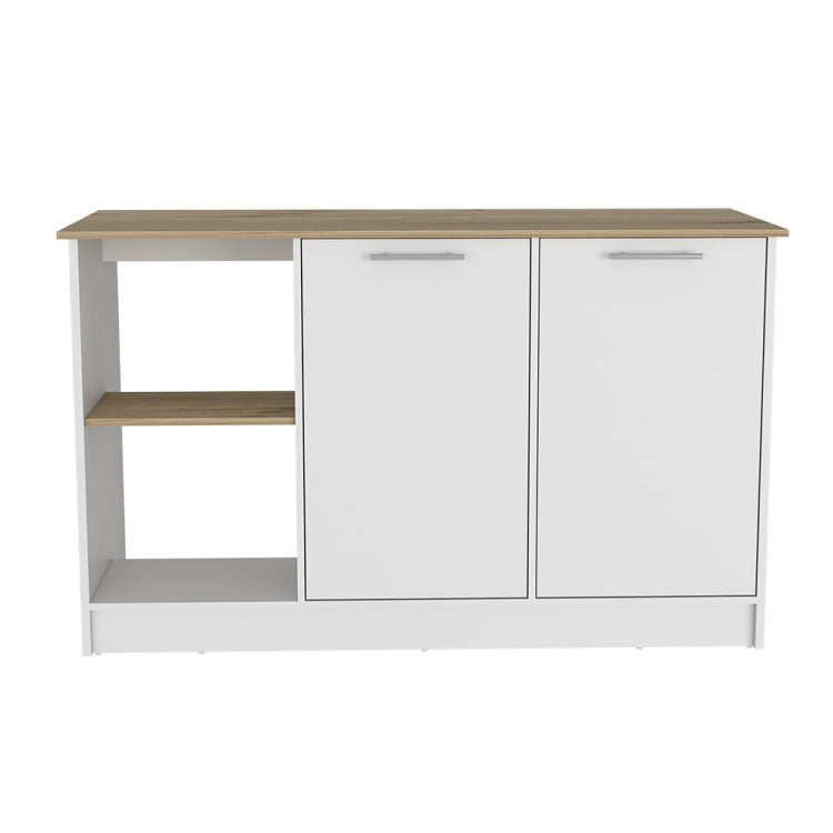 Juniper Kitchen Island, Four Open Shelves, Two Cabinets Light Oak White
