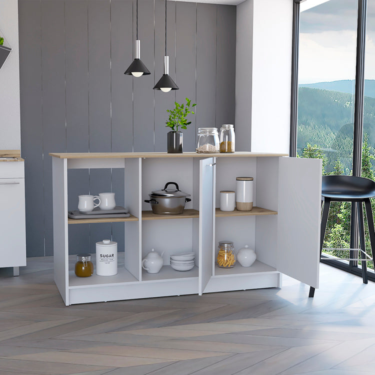 Juniper Kitchen Island, Four Open Shelves, Two Cabinets Light Oak White