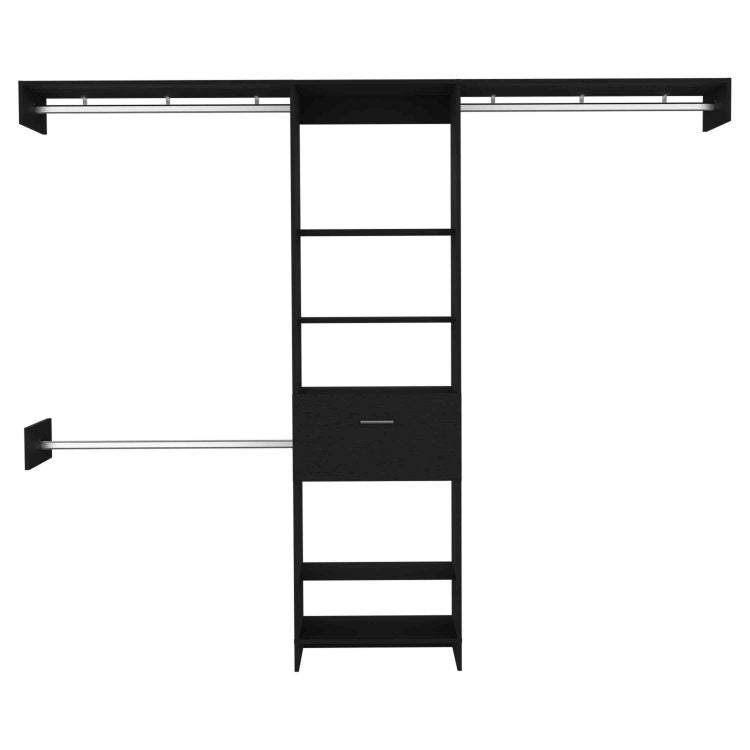 Manchester 250 Closet System, Five Open Shelves, One Drawer, Three Metal Rods Black