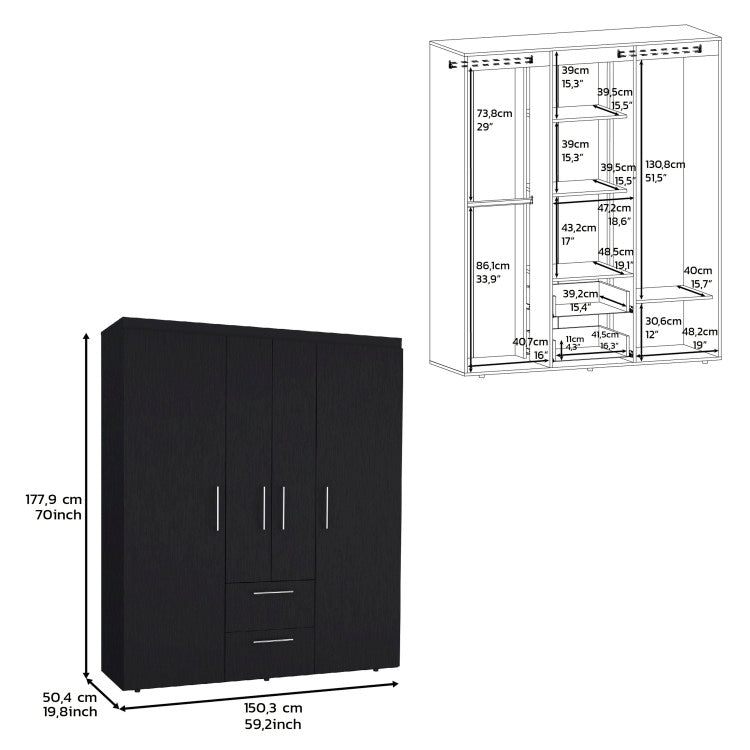 Wardrobe, Deluxe Armoire With Multiple Storage Options And Metal Accents, Black