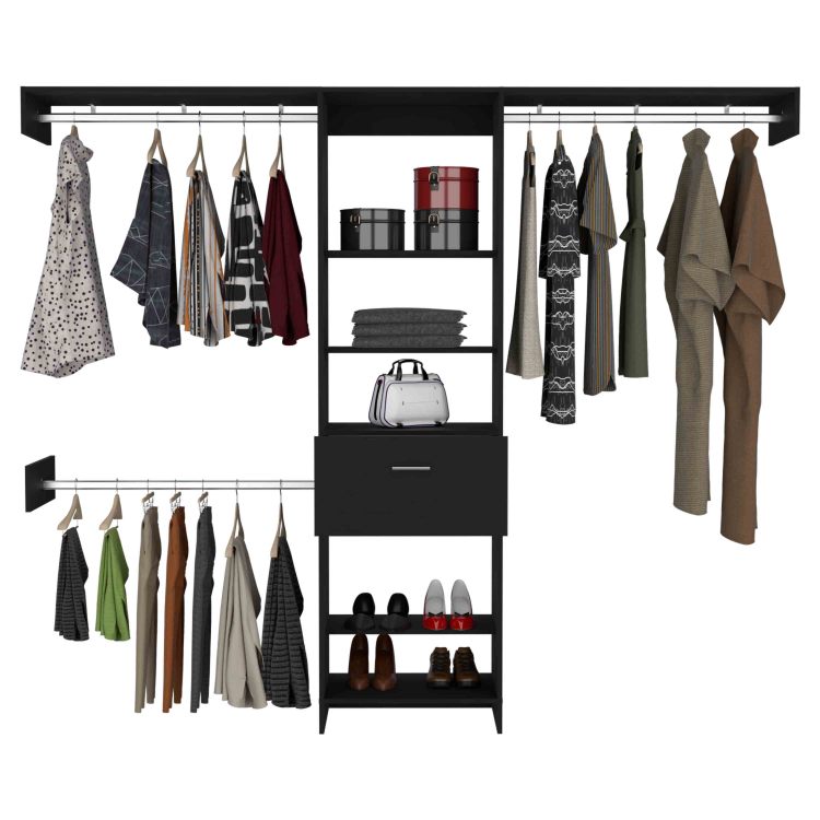Manchester 250 Closet System, Five Open Shelves, One Drawer, Three Metal Rods Black