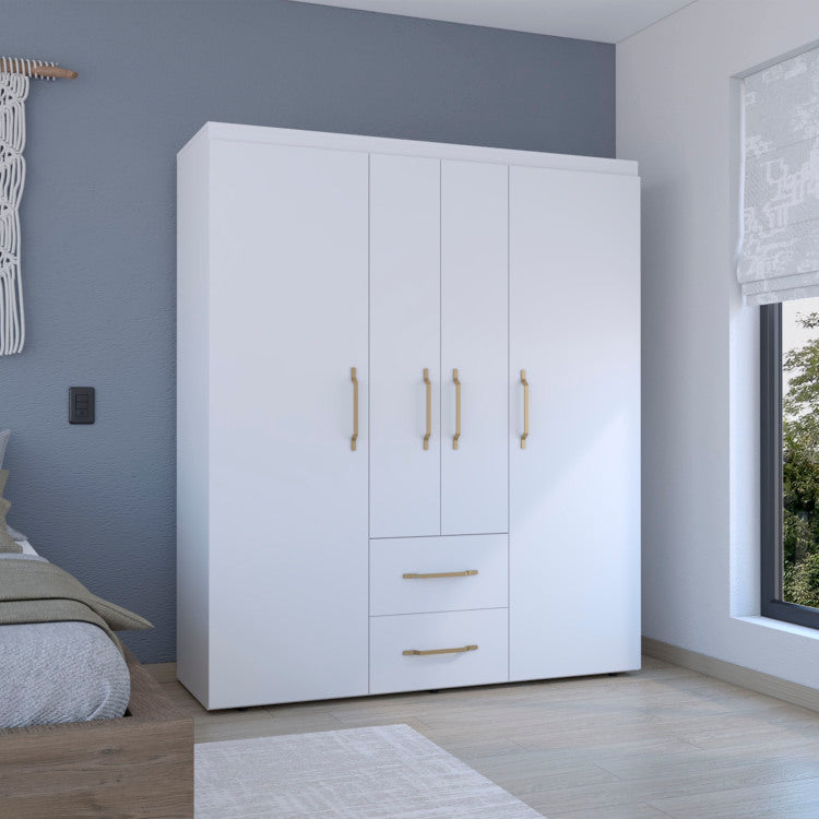 Wardrobe, Deluxe Armoire With Multiple Storage Options And Metal Accents, White