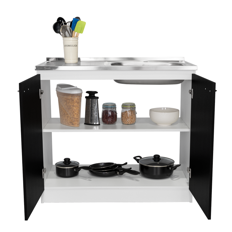 Napoles Utility Sink With Cabinet, Double Door, One Shelf White Black