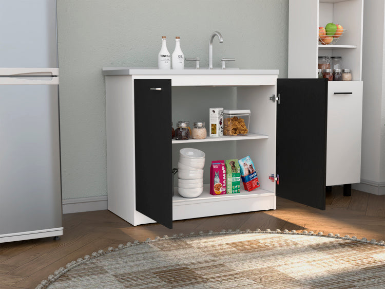 Napoles Utility Sink With Cabinet, Double Door, One Shelf White Black