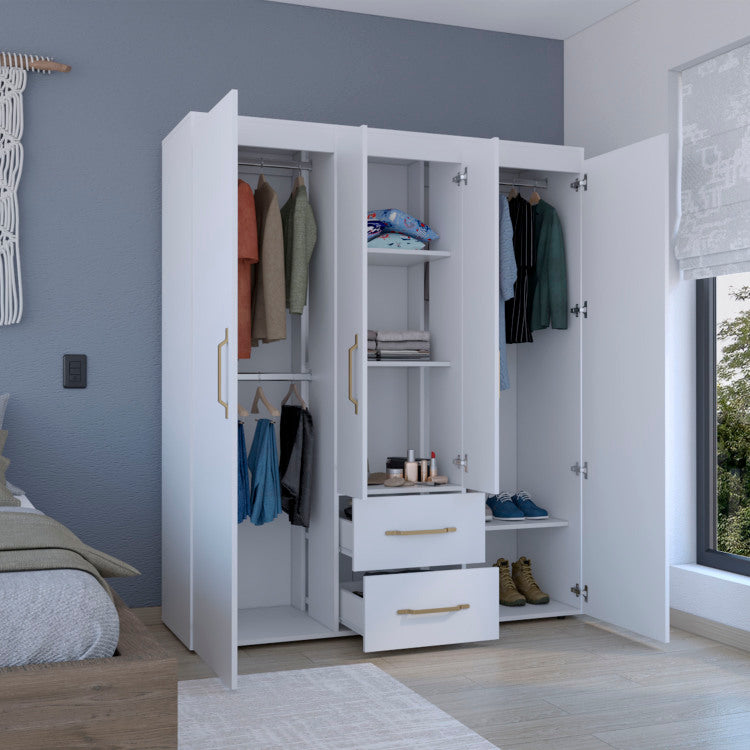 Wardrobe, Deluxe Armoire With Multiple Storage Options And Metal Accents, White