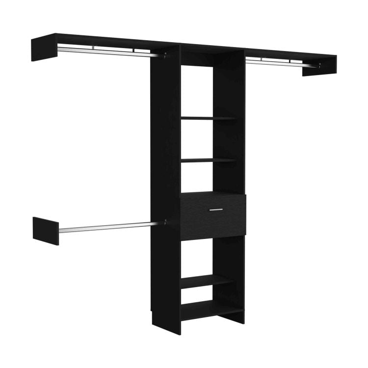 Manchester 250 Closet System, Five Open Shelves, One Drawer, Three Metal Rods Black