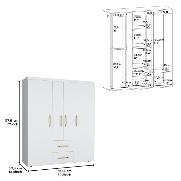 Wardrobe, Deluxe Armoire With Multiple Storage Options And Metal Accents, White