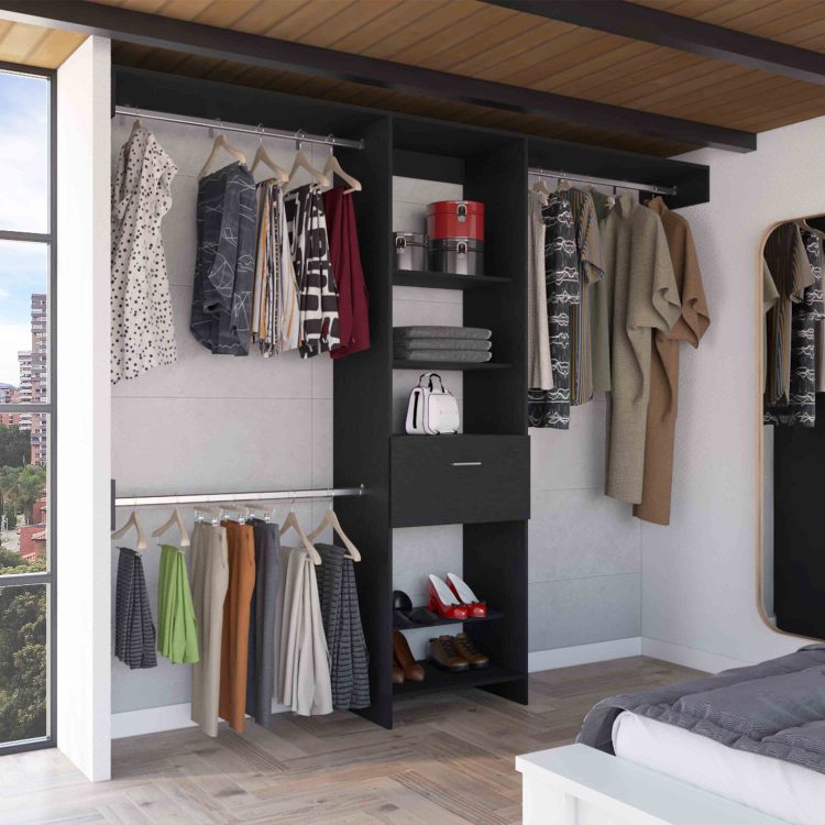 Manchester 250 Closet System, Five Open Shelves, One Drawer, Three Metal Rods Black
